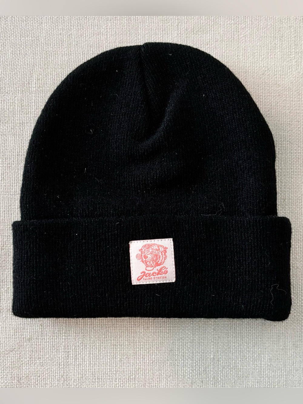Black Cuffed Knit Beanie with Pink Logo Patch